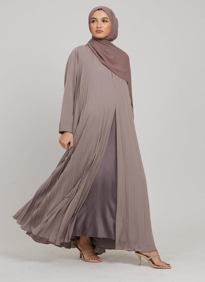 NUKHBAA - Elegant Brown plain abaya wityh belt and Hijab-N230A - Image 1