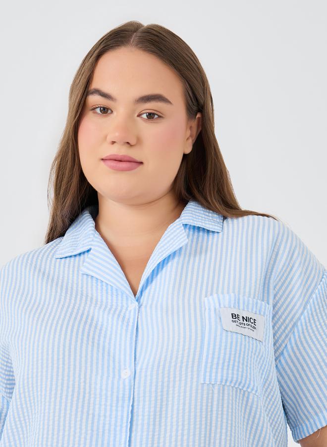 Styli Styli Plus Size Striped Collared Shirt and Pyjama Set  - Image 3