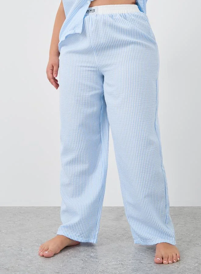 Styli Styli Plus Size Striped Collared Shirt and Pyjama Set