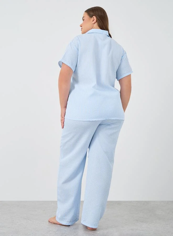 Styli Styli Plus Size Striped Collared Shirt and Pyjama Set