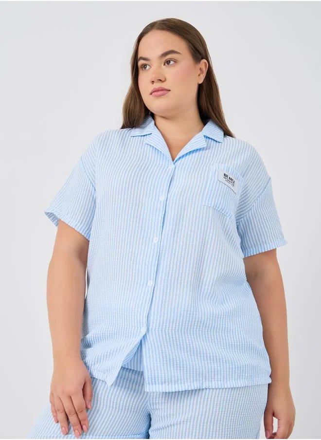 Styli Styli Plus Size Striped Collared Shirt and Pyjama Set