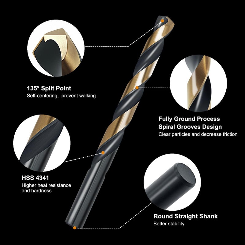 Axelord 29Pcs Cobalt Drill Bit Set, 135 Degree Tip High Speed Steel with Black and Gold Finish, Stainless Steel, Plastic and Wood with Metal Indexed Storage Case 1/16"-1/2" - Image 2
