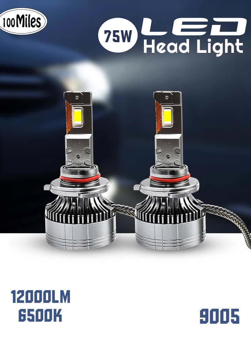 100مايلز مصباح أمامي للسيارة LED فائق السطوع 100 ميل 9005 75 وات 12000LM 6500K مع نظام مروحة تبريد متقدم - يضيء رحلتك - Image 1