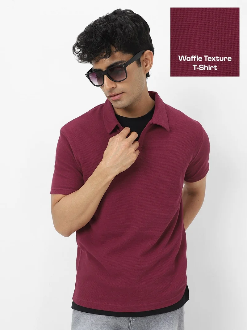 Urbano Fashion Men's Maroon Textured Regular Fit Half Sleeve Cotton Polo T-Shirt