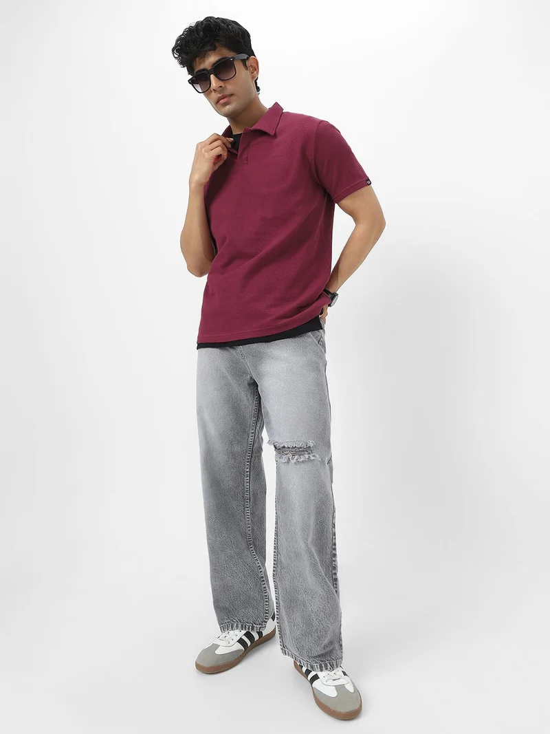 Urbano Fashion  Urbano Fashion Men's Maroon Textured Regular Fit Half Sleeve Cotton Polo T-Shirt  | Best Price UAE