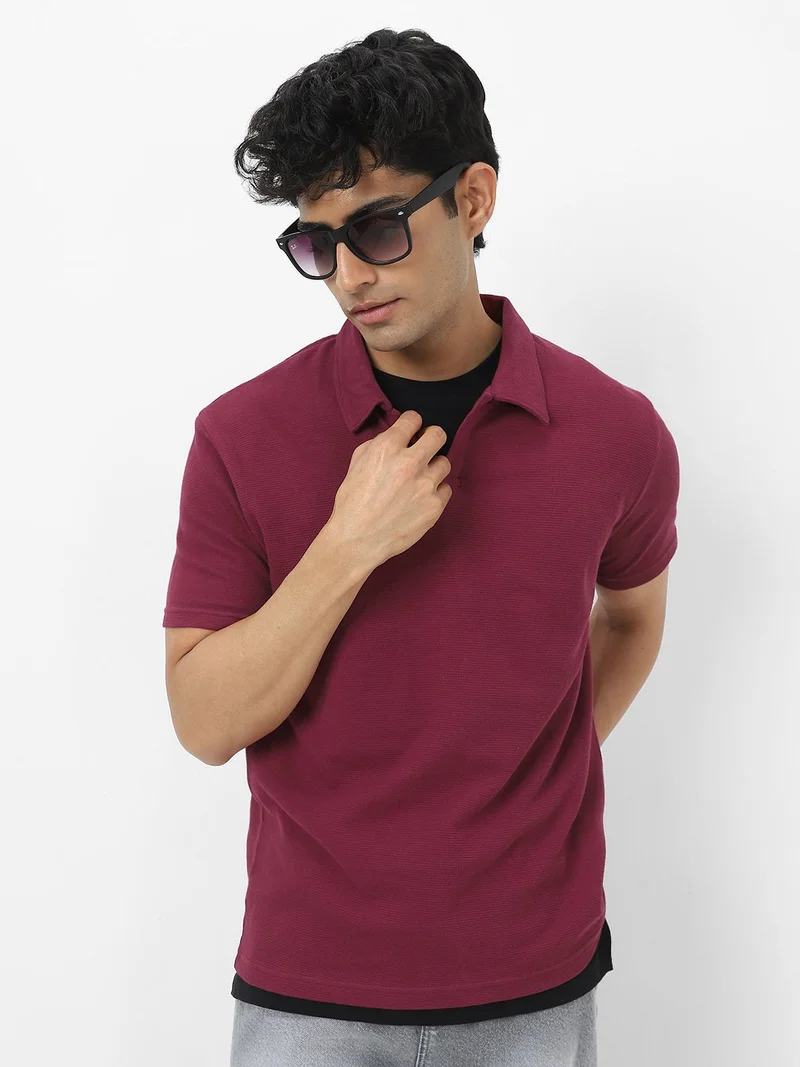 أوربانو فاشن Urbano Fashion Men's Maroon Textured Regular Fit Half Sleeve Cotton Polo T-Shirt