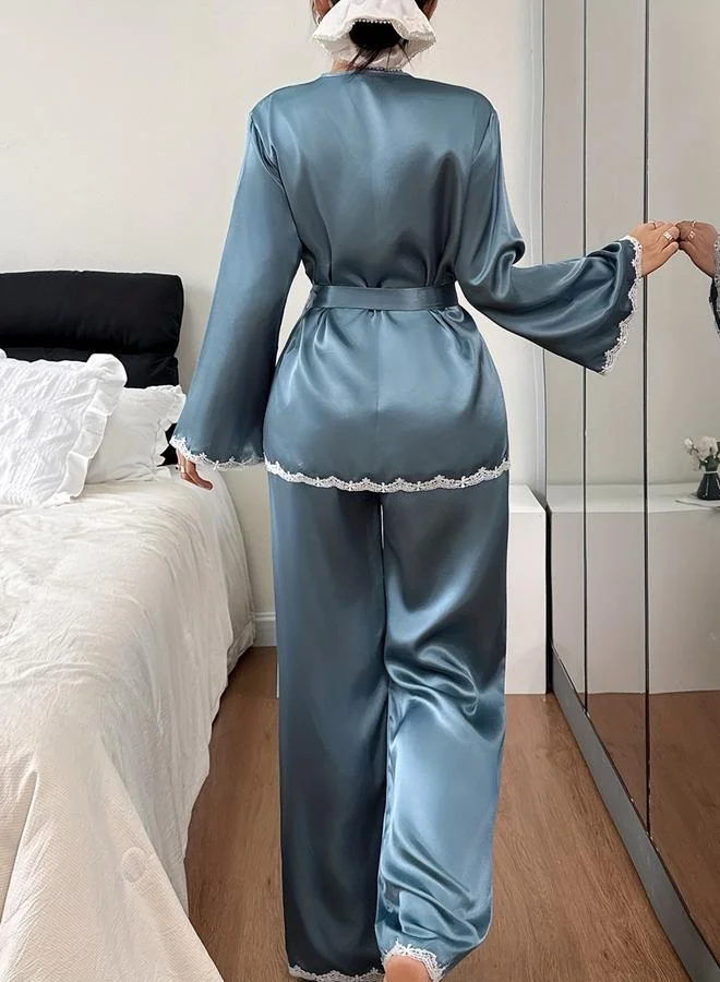 تايك تو Blue Satin Lace Trim Wrap Top and Pyjama Set