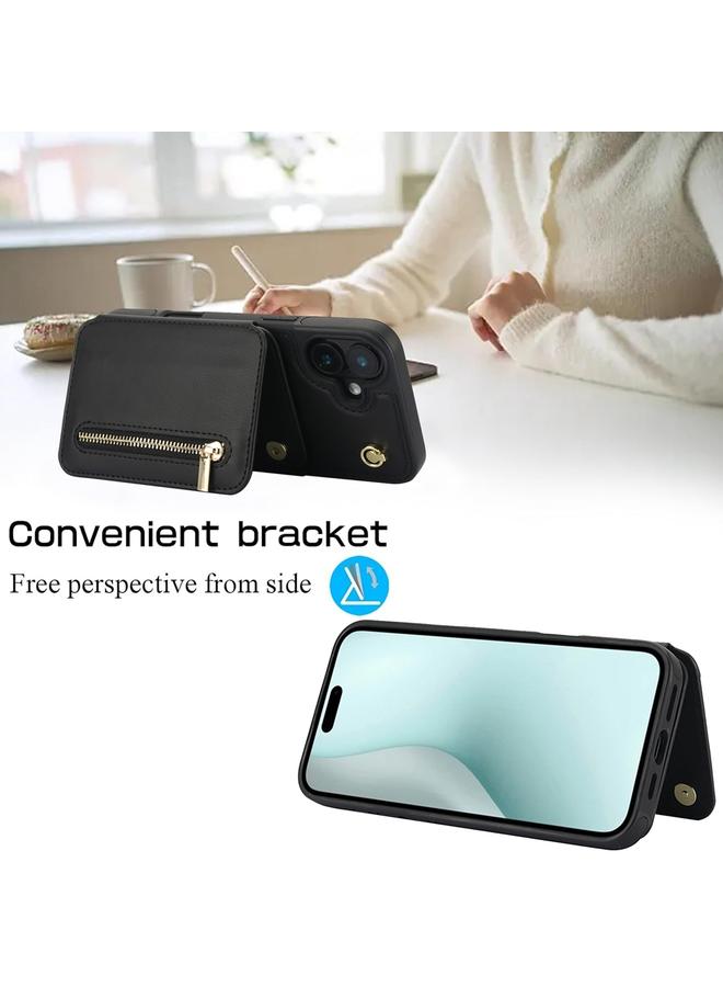 erorex Case For iPhone 16 Plus YM006 Skin Feel Zipper Card Bag Phone Case with Dual Lanyard - Image 4