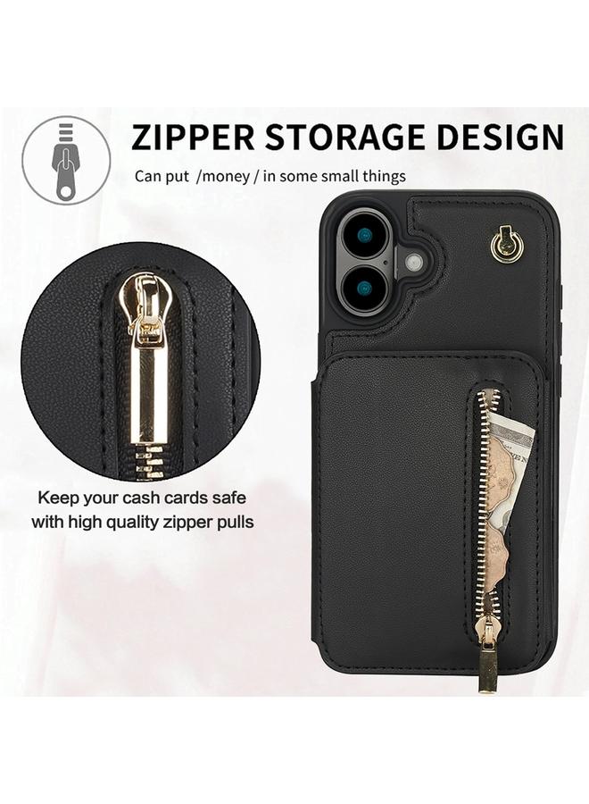 erorex Case For iPhone 16 Plus YM006 Skin Feel Zipper Card Bag Phone Case with Dual Lanyard - Image 5