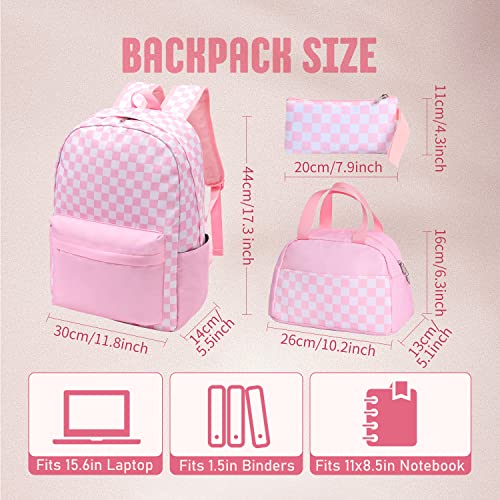 UREYMX 3Pcs Checkered Backpack Sets with Lunch Box and Pencil Case School Backpack Boys Girls Backpacks for Kids Large Capacity Waterproof Lightweight Backpack Pink - Image 3