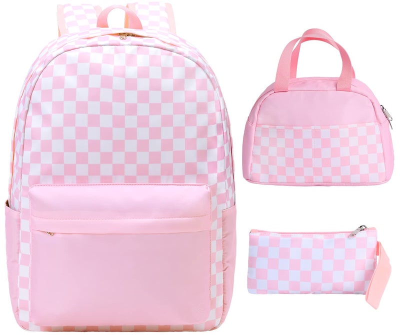 UREYMX 3Pcs Checkered Backpack Sets with Lunch Box and Pencil Case School Backpack Boys Girls Backpacks for Kids Large Capacity Waterproof Lightweight Backpack Pink - Image 2