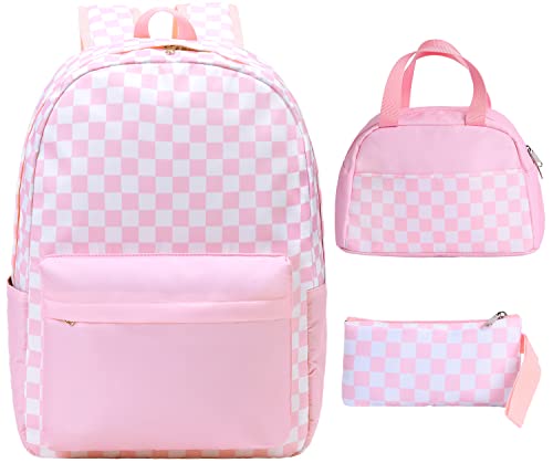 UREYMX 3Pcs Checkered Backpack Sets with Lunch Box and Pencil Case School Backpack Boys Girls Backpacks for Kids Large Capacity Waterproof Lightweight Backpack Pink - Image 1
