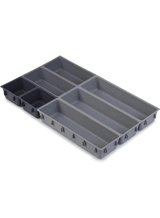 مجموعة من 14 منظم أدراج فاخر، صينية أدوات مائدة قابلة للسحب، صندوق تخزين للمطبخ للشوك والسكاكين والملاعق وأدوات المكتب، منظم أدوات مكتبية، تصميم مرن يناسب أي حجم درج، صينية بلاستيكية رمادية مصممة خصيصًا. - Image 5