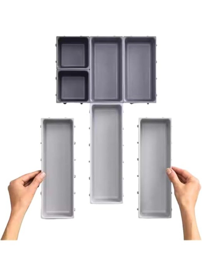 مجموعة من 14 منظم أدراج فاخر، صينية أدوات مائدة قابلة للسحب، صندوق تخزين للمطبخ للشوك والسكاكين والملاعق وأدوات المكتب، منظم أدوات مكتبية، تصميم مرن يناسب أي حجم درج، صينية بلاستيكية رمادية مصممة خصيصًا. - Image 4