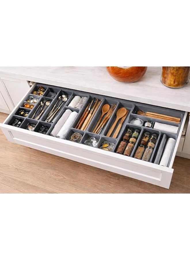 مجموعة من 14 منظم أدراج فاخر، صينية أدوات مائدة قابلة للسحب، صندوق تخزين للمطبخ للشوك والسكاكين والملاعق وأدوات المكتب، منظم أدوات مكتبية، تصميم مرن يناسب أي حجم درج، صينية بلاستيكية رمادية مصممة خصيصًا. - Image 1