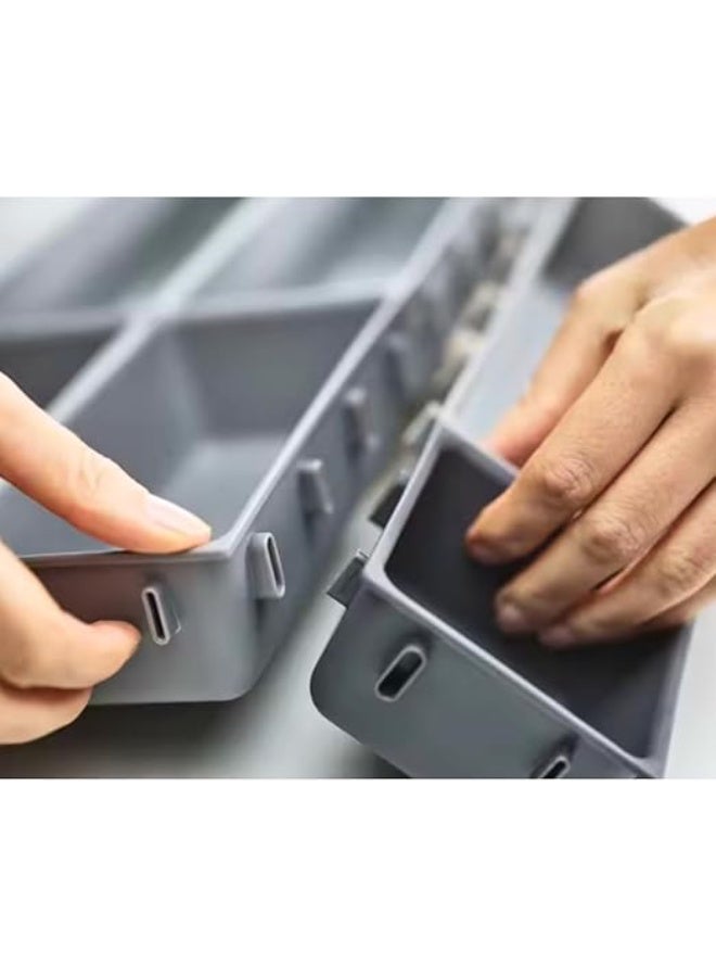 مجموعة من 14 منظم أدراج فاخر، صينية أدوات مائدة قابلة للسحب، صندوق تخزين للمطبخ للشوك والسكاكين والملاعق وأدوات المكتب، منظم أدوات مكتبية، تصميم مرن يناسب أي حجم درج، صينية بلاستيكية رمادية مصممة خصيصًا. - Image 2