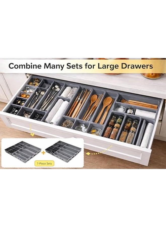 مجموعة من 14 منظم أدراج فاخر، صينية أدوات مائدة قابلة للسحب، صندوق تخزين للمطبخ للشوك والسكاكين والملاعق وأدوات المكتب، منظم أدوات مكتبية، تصميم مرن يناسب أي حجم درج، صينية بلاستيكية رمادية مصممة خصيصًا. - Image 3