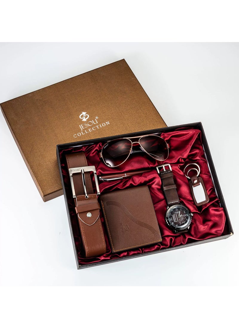 JESOU 6-in-1 Deluxe Gift Set: Sunglasses, Belt, Wallet, Keychain, Signature Pen, and Large Dial Quartz Watch. - Image 1