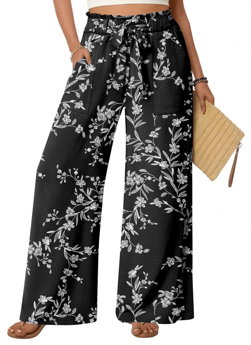 Anyhold Womens Wide Leg Palazzo Pants Dressy Casual Loose High Waist Trousers Flowy Work Adjustable Pants with Pockets X-Large, White Carvings - Image 1