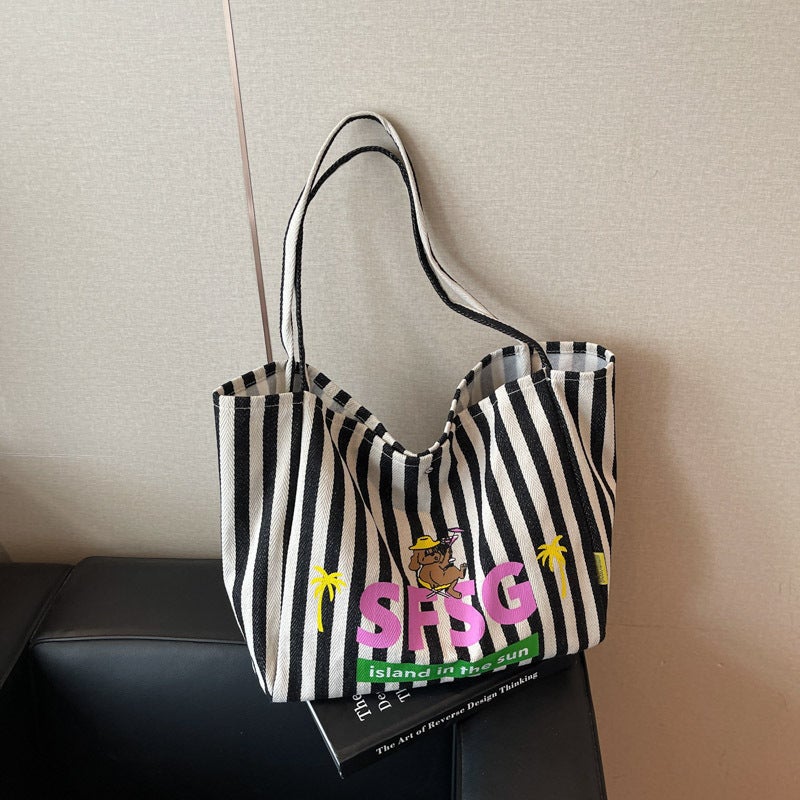 Canvas Bag for Women, Large Capacity, Korean Style, Ins Lazy Style, Shoulder Bag, Versatile Striped Niche Design Tote Bag for Students - Image 1