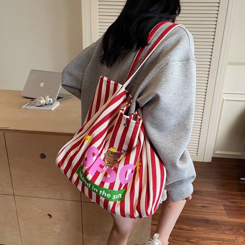 Canvas Bag for Women, Large Capacity, Korean Style, Ins Lazy Style, Shoulder Bag, Versatile Striped Niche Design Tote Bag for Students - Image 3