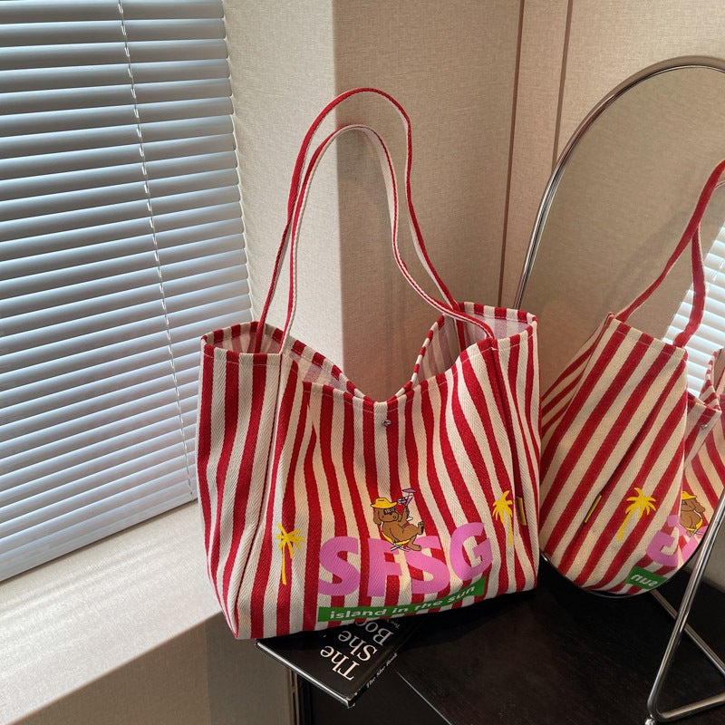 Canvas Bag for Women, Large Capacity, Korean Style, Ins Lazy Style, Shoulder Bag, Versatile Striped Niche Design Tote Bag for Students - Image 2