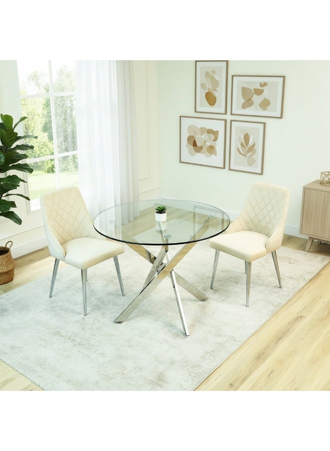 VANITY LIVING Dining Table Set 2 Seater - Davos Chrome Round With Milan Cream Chairs - Image 1
