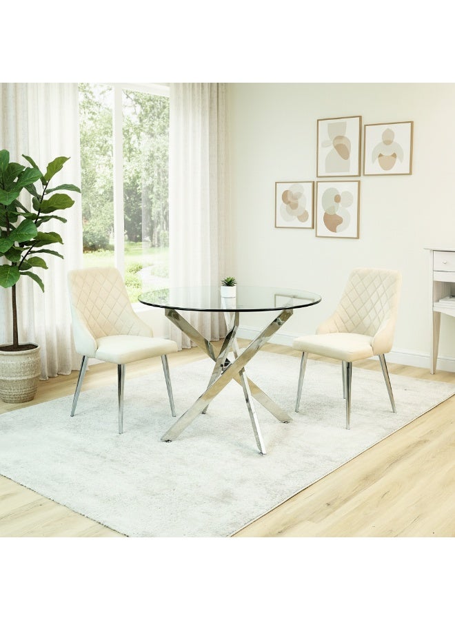 VANITY LIVING Dining Table Set 2 Seater - Davos Chrome Round With Milan Cream Chairs - Image 2