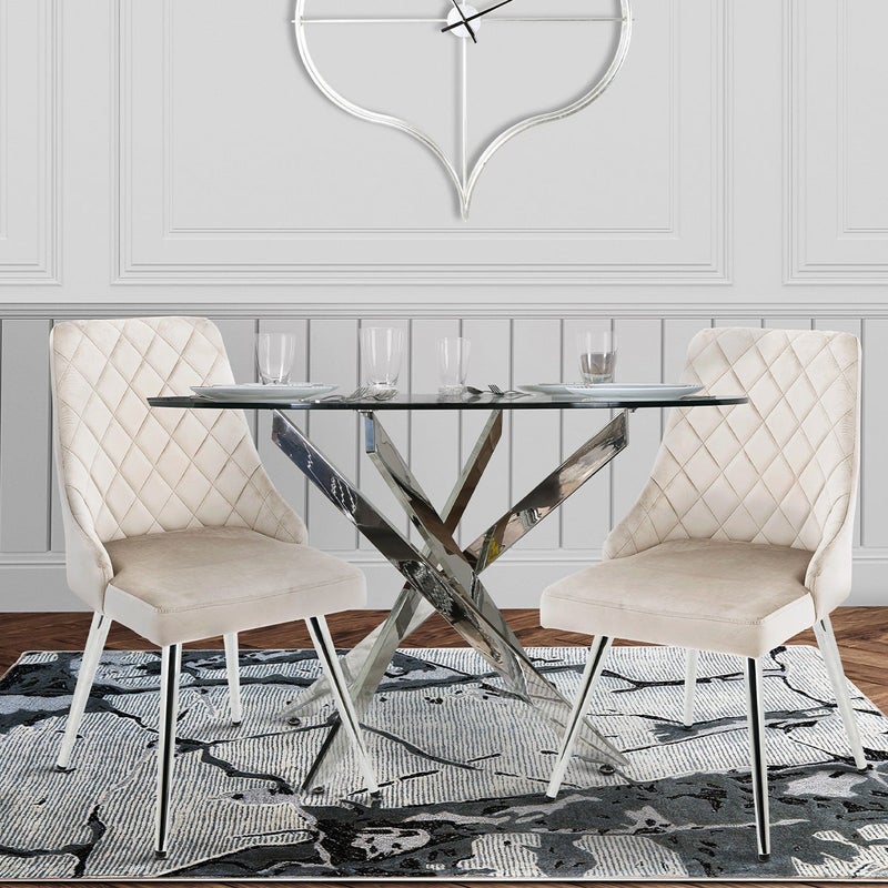 VANITY LIVING Dining Table Set 2 Seater - Davos Chrome Round With Milan Cream Chairs - Image 3