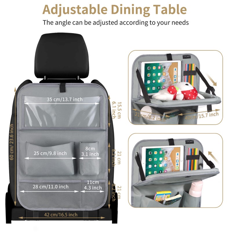 LUCMO Car Backseat Organizer with Tablet Holder-2 Pcs,6 Storage Pockets Car Storage Organizer with Foldable Food Tray Protectors Kick Mats Travel Accessories-Grey - Image 3