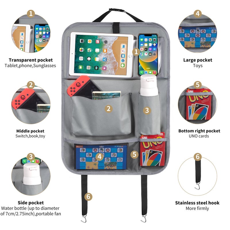 LUCMO Car Backseat Organizer with Tablet Holder-2 Pcs,6 Storage Pockets Car Storage Organizer with Foldable Food Tray Protectors Kick Mats Travel Accessories-Grey - Image 2