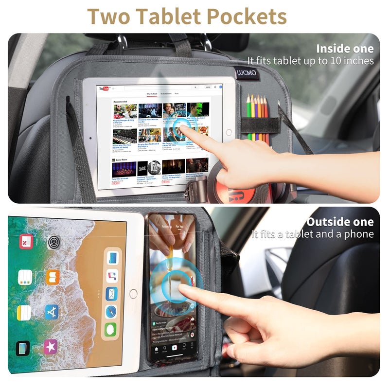 LUCMO Car Backseat Organizer with Tablet Holder-2 Pcs,6 Storage Pockets Car Storage Organizer with Foldable Food Tray Protectors Kick Mats Travel Accessories-Grey - Image 5