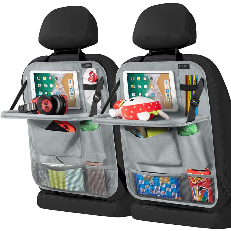 LUCMO Car Backseat Organizer with Tablet Holder-2 Pcs,6 Storage Pockets Car Storage Organizer with Foldable Food Tray Protectors Kick Mats Travel Accessories-Grey - Image 1
