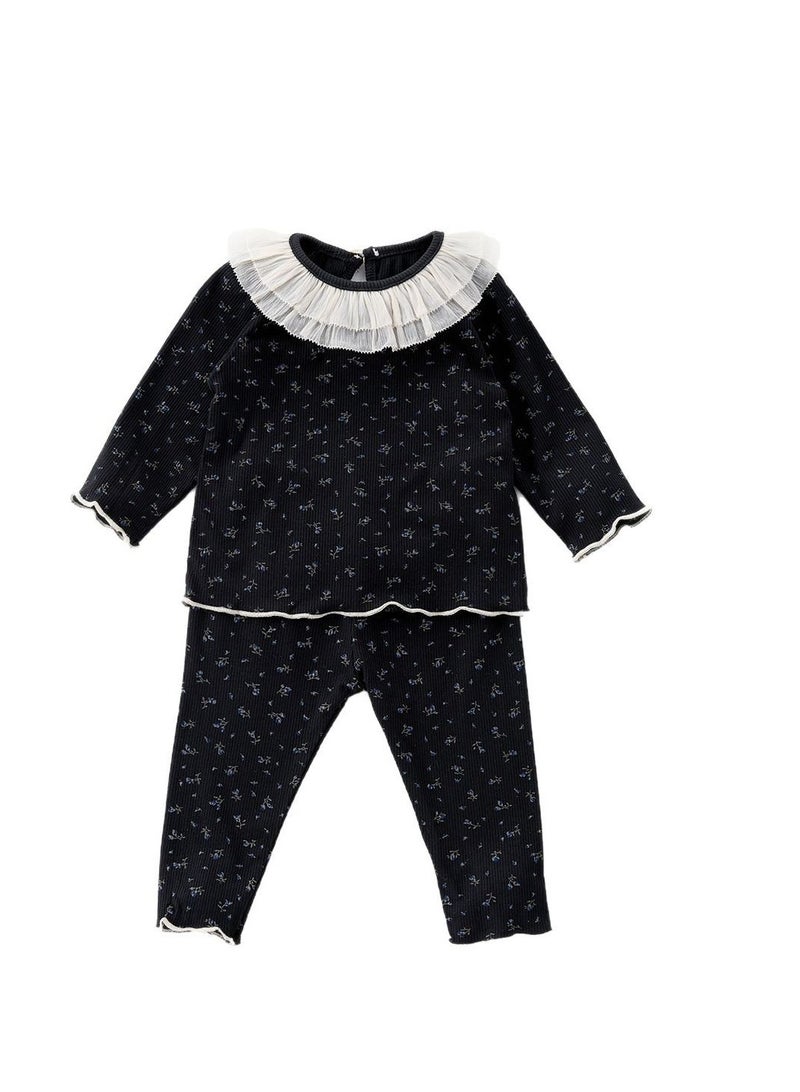 Baby Retro Floral Lace Round Neck Home Suit Two-Piece Set  - Image 1
