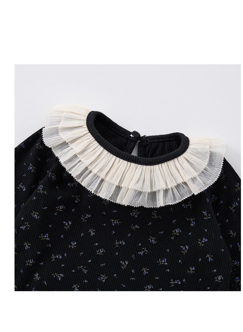 Baby Retro Floral Lace Round Neck Home Suit Two-Piece Set  - Image 2