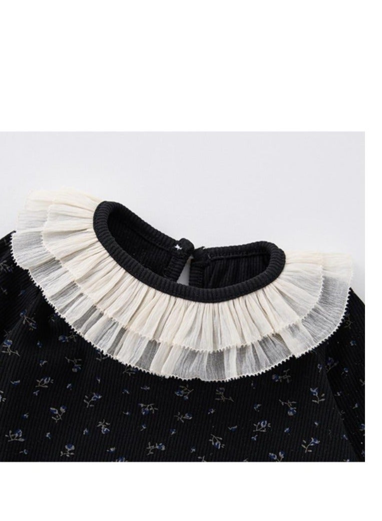 Baby Retro Floral Lace Round Neck Home Suit Two-Piece Set  - Image 5