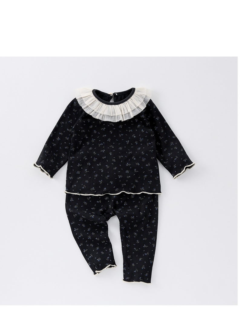 Baby Retro Floral Lace Round Neck Home Suit Two-Piece Set  - Image 3