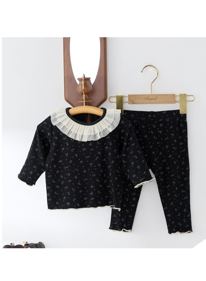 Baby Retro Floral Lace Round Neck Home Suit Two-Piece Set  - Image 4