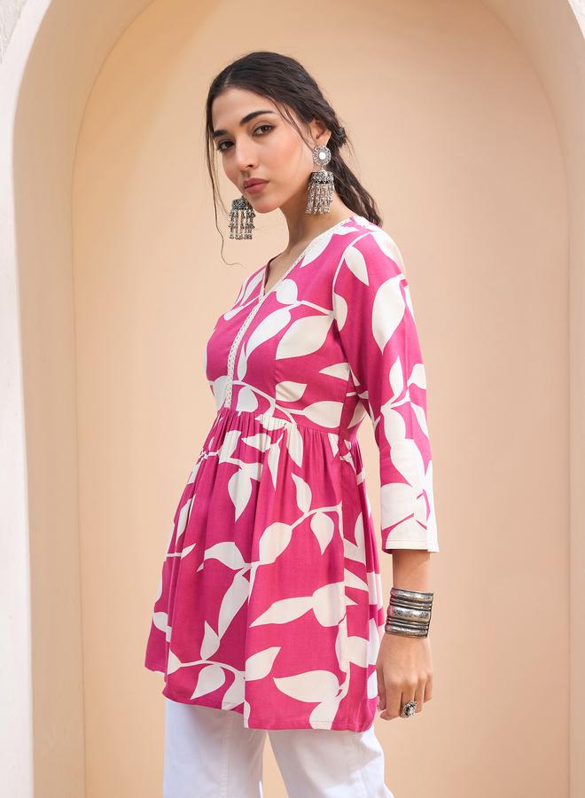 SASSAFRAS Pink Floral V Neck Peplum Kurti - Image 3