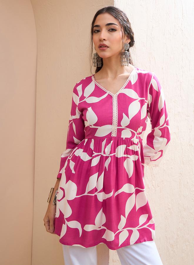 SASSAFRAS Pink Floral V Neck Peplum Kurti - Image 1