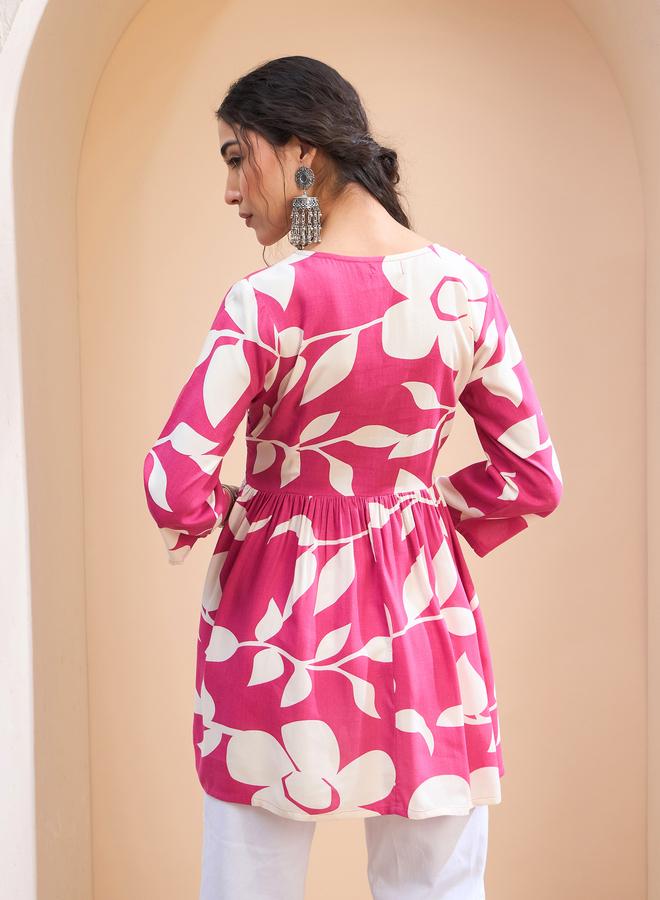 SASSAFRAS Pink Floral V Neck Peplum Kurti - Image 5