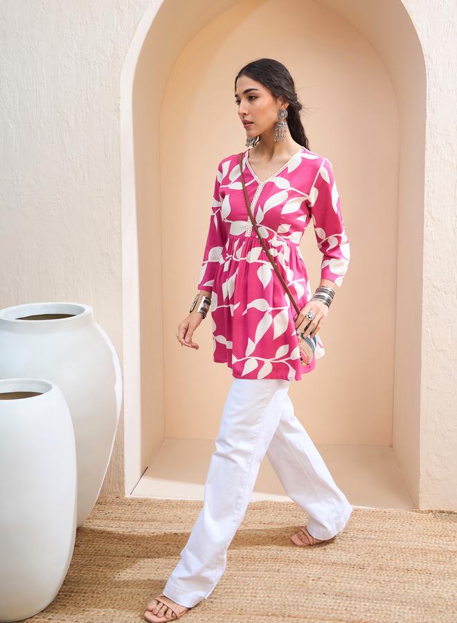 SASSAFRAS Pink Floral V Neck Peplum Kurti - Image 2
