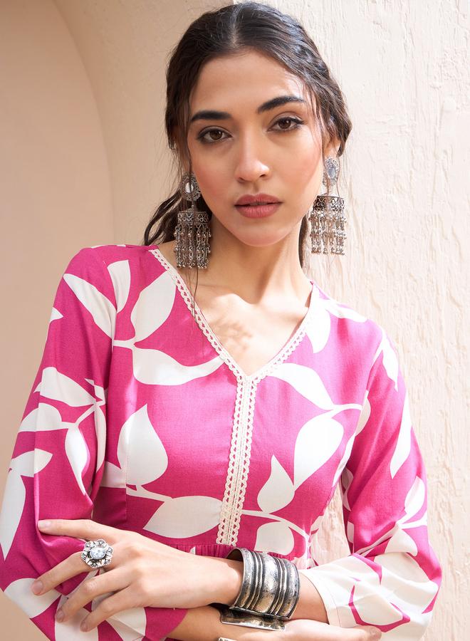 SASSAFRAS Pink Floral V Neck Peplum Kurti - Image 4