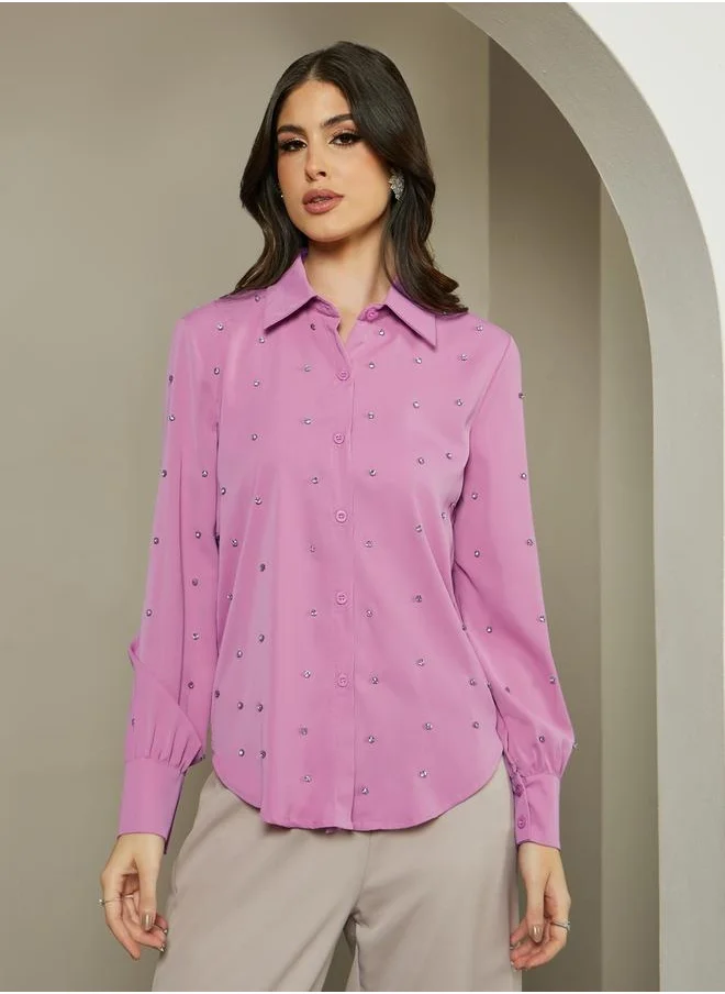 ستايلي Embellished Spread Collar Oversized Shirt