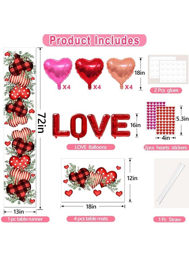 Multiwins Eucalyptus Hearts Valentine's Day Table Runner 13"x72" & 4 Pcs 12"x18" Placemats Sets with 12 Heart Balloons, Love Letter Balloons, Stickers & Blowing Straw for Home Party Decor - Image 2