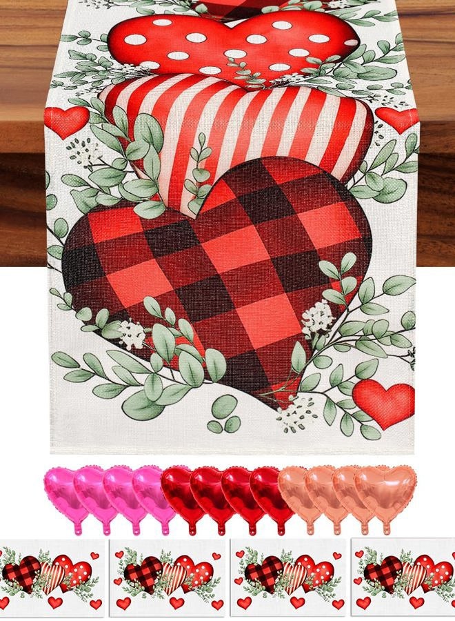 Multiwins Eucalyptus Hearts Valentine's Day Table Runner 13"x72" & 4 Pcs 12"x18" Placemats Sets with 12 Heart Balloons, Love Letter Balloons, Stickers & Blowing Straw for Home Party Decor - Image 1