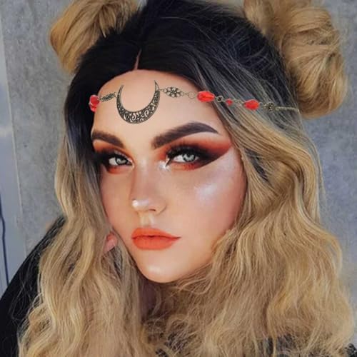 Obmyec Boho Head Chain Moon Headpieces Rhinestone Hair Chains Wedding Hair Accessories for Women and Girls (Red) - Image 4