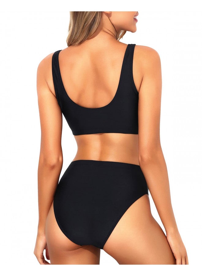 Tempt Me Tempt Me Women Black Two Piece Scoop Neck Bikini Crop Top High Cut Swimsuit Sporty High Waisted Bathing Suit with Bottoms Suit M - Image 1