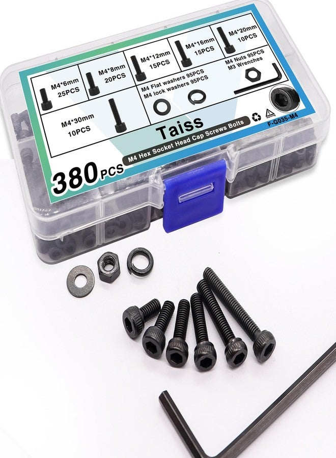 Taiss 380PCS M4 Screw Kit,Hex Socket Head Cap Screws Assortment with Nuts/Washers/Hex Wrench M4x6/8/12/16/20/30mm,12.9 Grade Alloy Steel Black Zinc Plated Small Metric Screws,M4 Bolts - Image 5