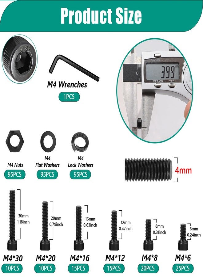 Taiss 380PCS M4 Screw Kit,Hex Socket Head Cap Screws Assortment with Nuts/Washers/Hex Wrench M4x6/8/12/16/20/30mm,12.9 Grade Alloy Steel Black Zinc Plated Small Metric Screws,M4 Bolts - Image 2